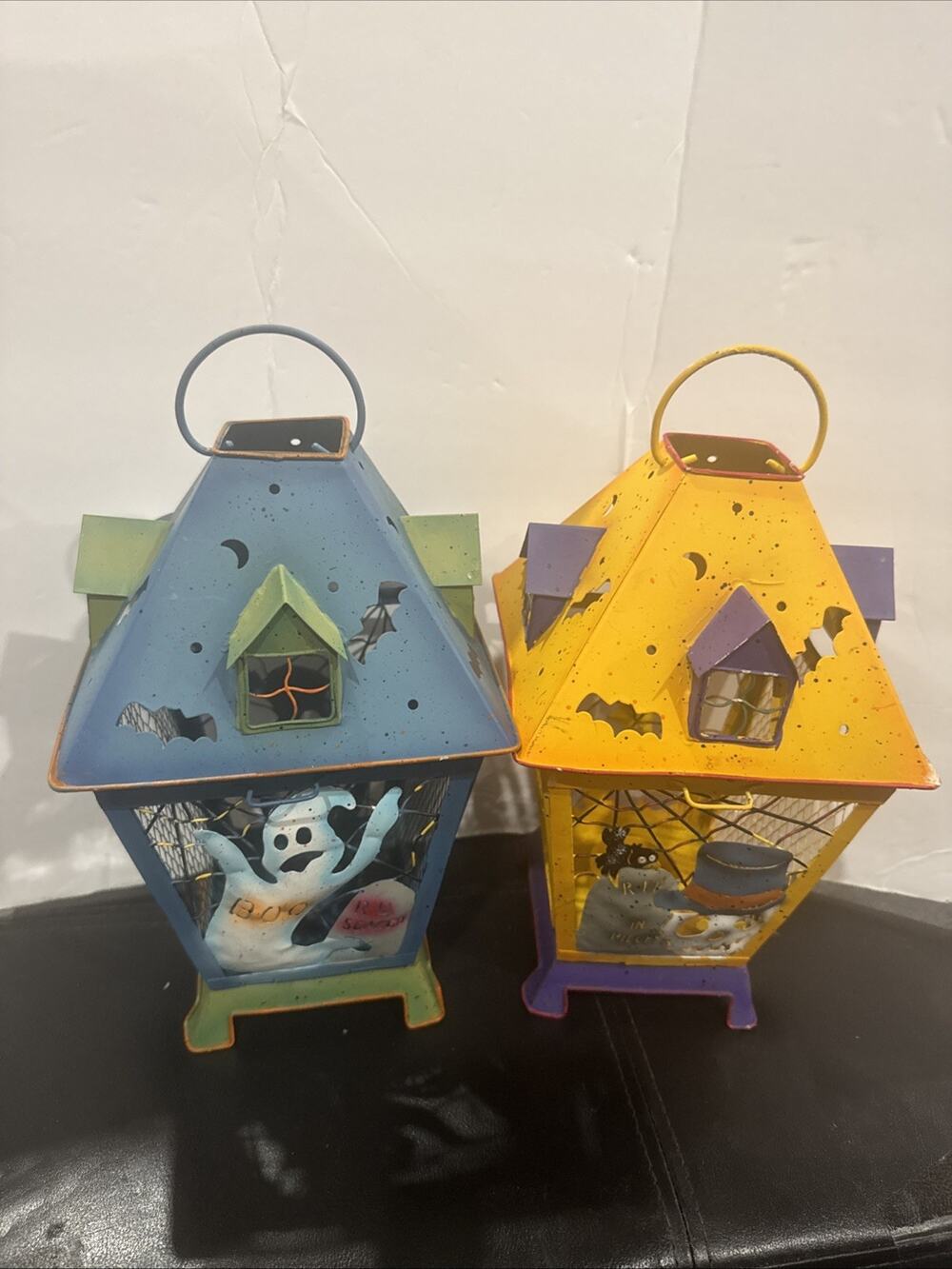 Vintage Halloween Metal Lanterns Lot of 2 Hand Painted Ghost Pumpkin Decor